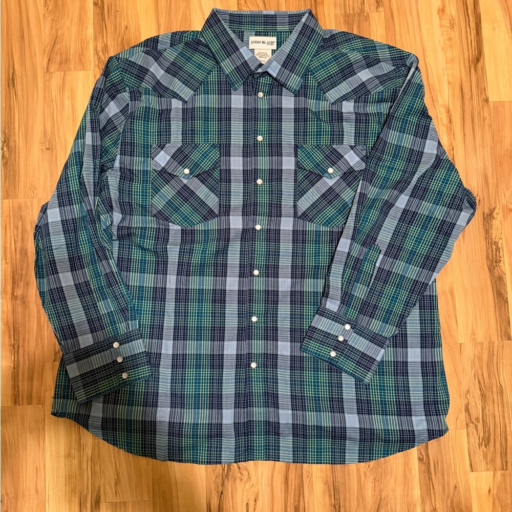 John Blair Blue & Green Pearl Snap Plaid Long-Sleeve Button-Down Shirt 2XL